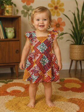 Vintage 1970's Novelty Print Patchwork Shortalls Baby Size 12-18 Months